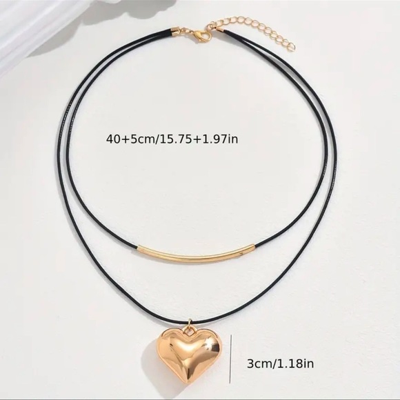 Gold Heart Black Layered Cord Necklace New - Picture 4 of 6